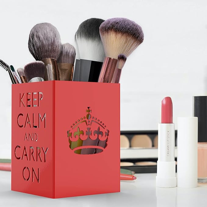 Mango Steam Metal Pen Holder, Makeup Brush Cup Organizer for Office, Bathroom, Vanity (Keep Calm, Red)