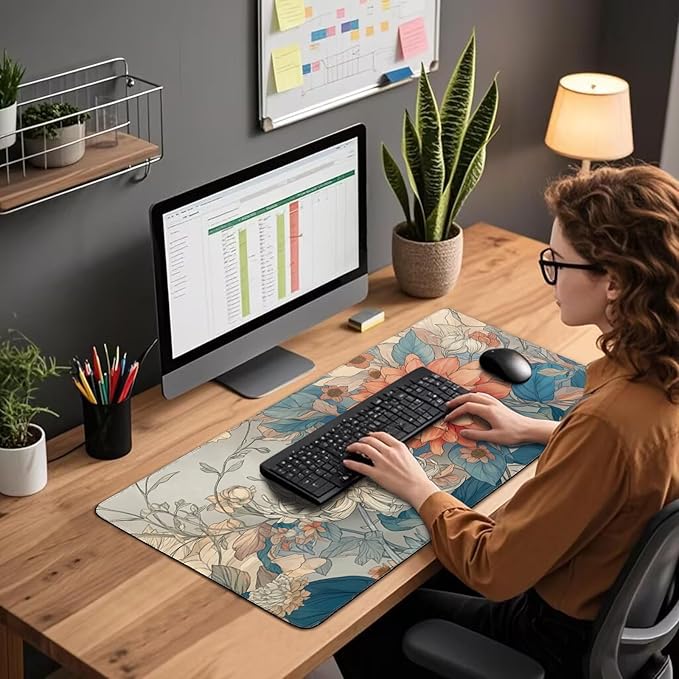 Japanese Minimalist Floral Large Gaming Mouse Pad 31.5"x15.7"｜ Aesthetic Flower XXL Desk Mat, Non-Slip Rubber Base & Stitched Edges - Extended Mousepad for PC/Laptop/Office/Home Decor