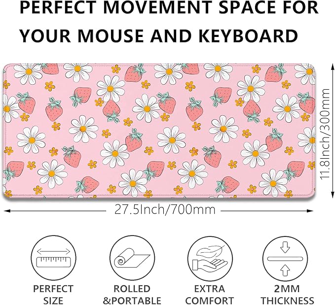 Strawberry Pink Mouse Pad - Large, 27.5X11.8 in, Gaming Mouse Pad and Desk Mat for Computer, Office, Home Work