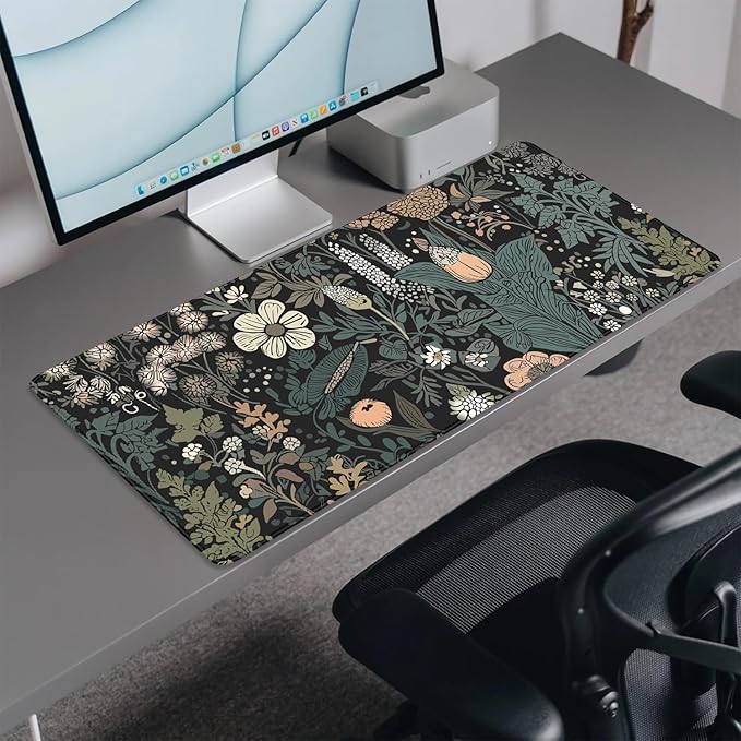 Dark Cottagecore Botanical Desk Pad Mouse Pad,Large Gaming Floral Mouse Mat with Stitched Edges,Non-Slip Waterproof Rubber Base Mousepad for Office Work Home Desk Mat(27.5X11.8 in)