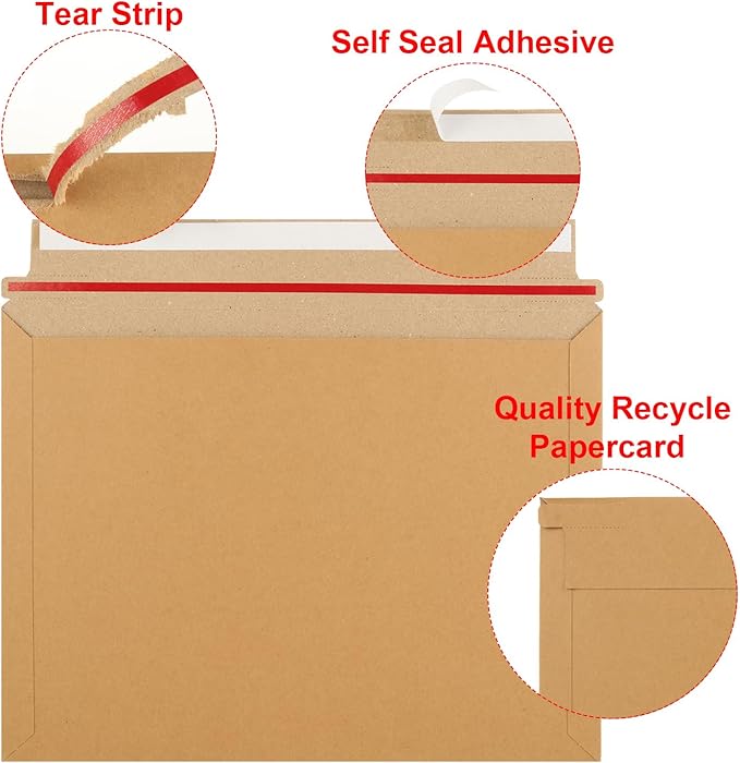 50 Pack 12.5 x 9.5 Inch Self Seal Cardboard Mailing Envelopes, 450 GSM Stay Flat Mailers for CD, Photos, Document, Pictures, Papers, Files, Brown