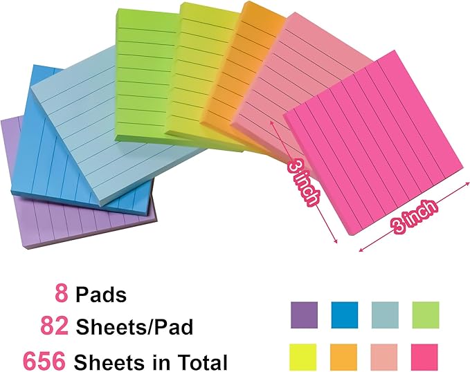 Lined Sticky Notes, 8 Pads 3x3 Sticky Notes Self-Stick Note Pad Its Bright Post Colorful Stickies for Office Home School Meeting