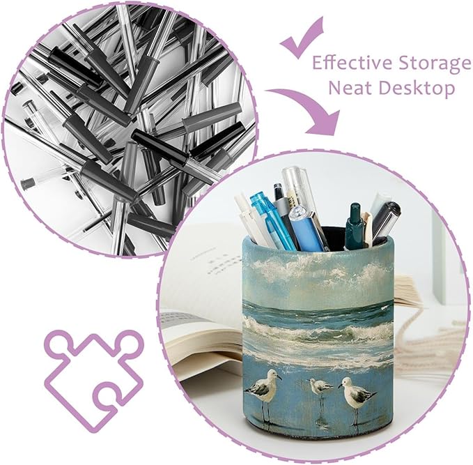 Round Creative Pen Holder |Beach Birds East Coast Ocean (2) Desktop Storage Organizer|Gadget Stationery Storage Box|Office Leather Organizer