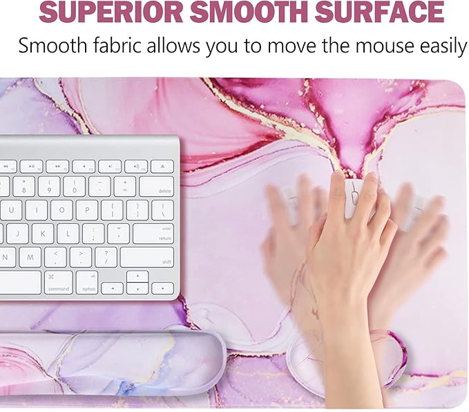 ARTSO Large Gaming Mouse Pad, Keyboard Wrist Rest Pad & Wrist Support Mousepad Set, Stitched Edge, Extended, Non-Slip Base, Memory Foam,Multifunctional Desk Mat for Office & Home, Purple Pink Marble