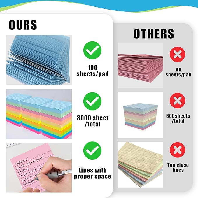 SACATR 30 Pads Lined Sticky Notes, Sticky Note Pads 3x3 inches, 10 Bright Color Sticky Notes with Lines Self-Stick Note Pads, Perfect for Office Home School(100 Sheet/Pad)
