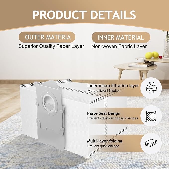 12 Pack Dust Bags Compatible With ECOVACS DEEBOT T50 Series,T50 PRO/T50 MAX/X8 PRO OMni X9 PRO Omni T80 Omni,Vacuum Cleaner, Vacuum Replacement Bags, Large Capacity Dirt Disposable Vacuum Bags.