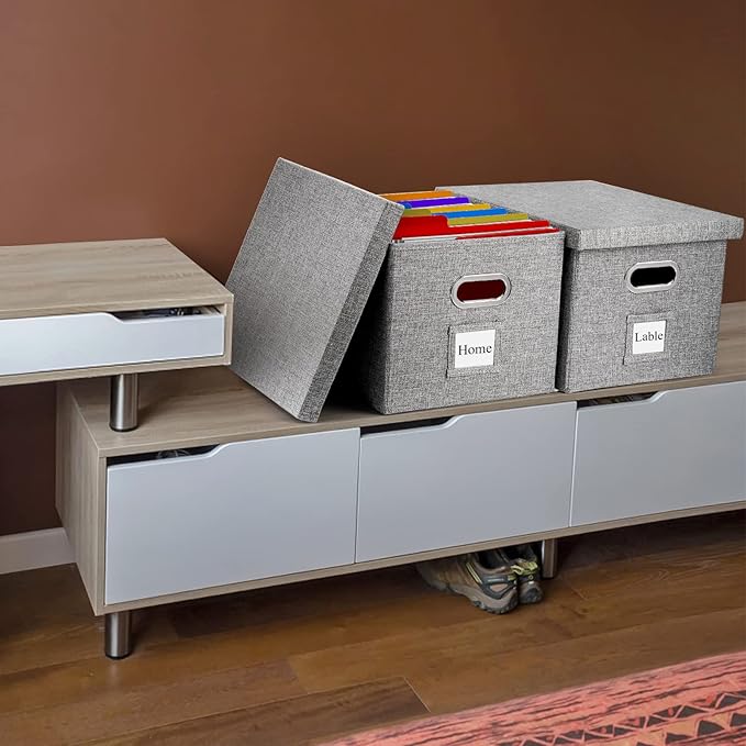Hedume Set of 2 File Organizer Box, Collapsible Linen Filing Cabinets, Decorative Linen Filing Storage Hanging File Folders with Lids and Durable MDF Board, Space Saving File Folder Storage