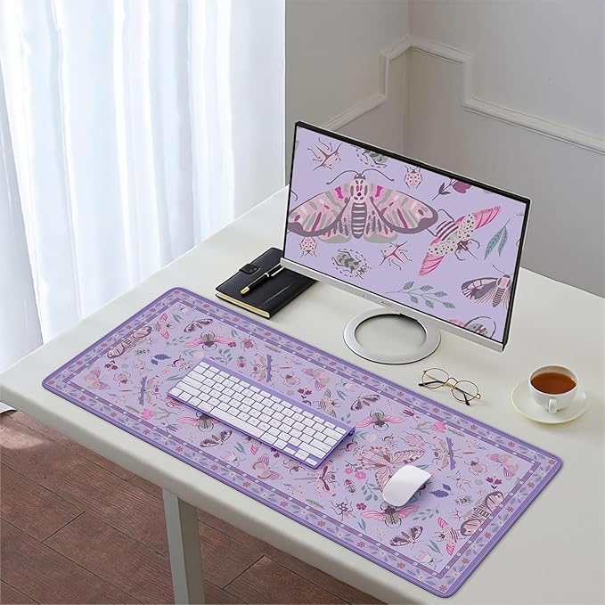HAOCOO Purple Desk Mat, Computer Mouse Pad, Floral Desktop Mat with Non-Slip Rubber Base, Waterproof XXL Mousepad, Soft Computer Mouse Pad for Gaming, Office Aesthetics