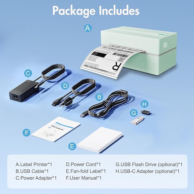 Bluetooth Thermal Shipping Label Printer: 4x6 Wireless Mini Clear Label Maker with Waterproof Tape for Small Business - Widely Used for USPS UPS Ebay Amazon Shopify Etsy, Green