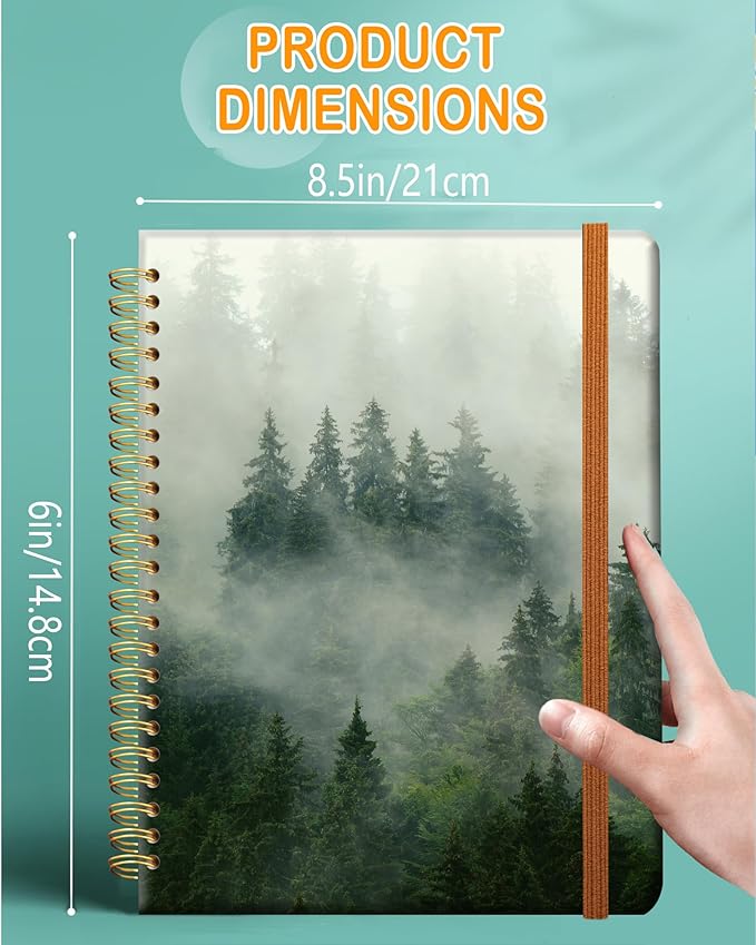 Ruled Spiral Writing Notebook,A5 Hardcover Lined College Journal for Women,Strong Twin-Wire Binding with Premium Paper,8.4" X 6",Perfect for School,Office,Home(Misty Landscape Forest)