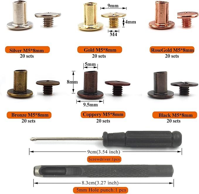 120 Sets Chicago Screws with Hole Puncher and Screwdriver Assorted Kit 6 Color Leather Rivets Screw Flat Fillister Book Binding Posts Nail Rivet Chicago Bolts for DIY Leather Craft (5×8mm)