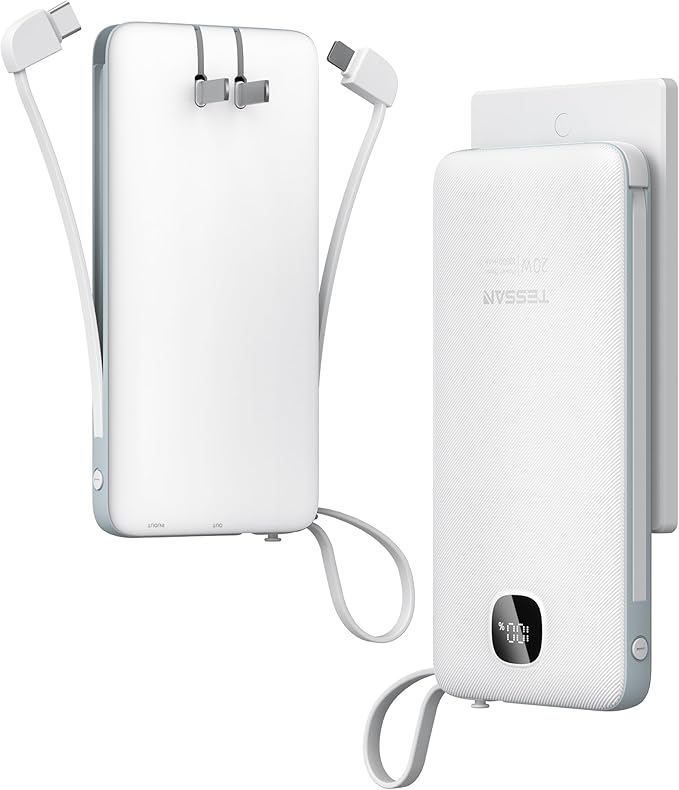 TESSAN Portable Charger with Built in Cables, 10000mAh Power Bank Fast Charging with Foldable Wall Plug Charger, 20W Compact Battery Pack Travel Essentials for iPhone 16/15 Series, Samsung, Tablets