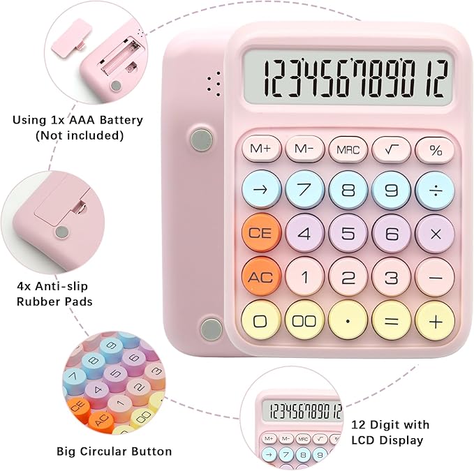 Pink Calculator, UPIHO Standard Calculator with 12 Digit Display and Big Buttons, Pink Office Supplies and Desk Accessories for Office,School