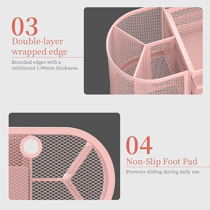 SUPEASY Mesh Desk Organizer, Desk Organizers and Accessories, Pen Holder with Drawers, Pencil Holder for Desk with 2 Drawer for Office Supplies, Pink