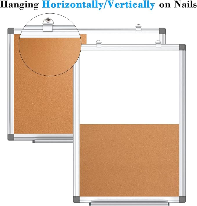 WALGLASS Combination Magnetic Whiteboard & Corkboard, 24"x18" Combo for School, Office & Home, Dry Erase Board with Removable Tray, Pins, Eraser, Markers & Magnets