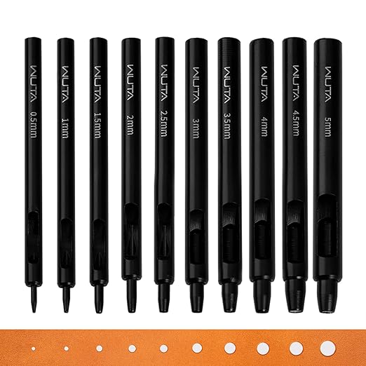 WUTA Black Round Hole Punch Leather Hollow Punch Steel Watches Belts Scrapbooking Paper Leather Tools for Watch Band, Fabric, Plastic 0.5+1+1.5+2+2.5+3+3.5+4+4.5+5mm (10pcs)