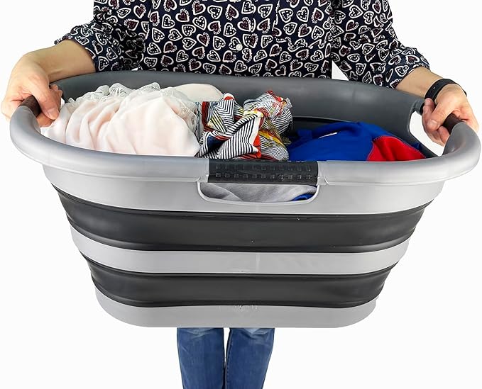 SAMMART 40L (10.5 Gallon) Collapsible Plastic Laundry Basket - Space Saving Storage Container/Organizer - Portable Washing Tub - Foldable Pop Up Hamper/Basket (1, Grey/Black)