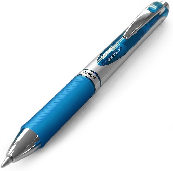 Pentel EnerGel Deluxe RTX Retractable Liquid Gel Pen, Medium Line, Metal Tip, Sky Blue Ink, Box of 12 (BL77-S)