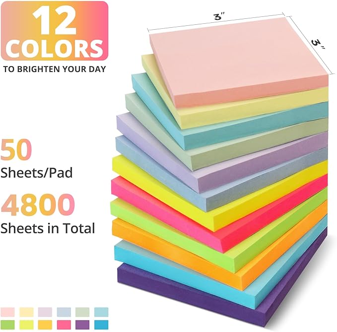96 Pads Sticky Notes, 3x3 inches, Soft Pastel Self-Stick Note Pads, Perfect for Office, Study, and Daily Life Organization - 96 Pack