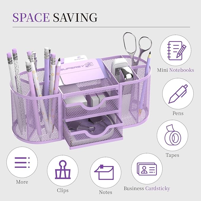 SUPEASY Mesh Desk Organizer, Desk Organizers and Accessories with Drawers, Pen Holder for Desk with 2 Drawers with 9 Compartments for Office Supplies, Purple
