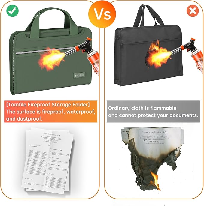 Tamfile Fireproof Accordion File Organizer with Handle, 13 Pocket Expanding File Folder with Zipper & Labels, File Folder with Multi-Pockets Paper Organizer Folder for Letter A4 Files, Green