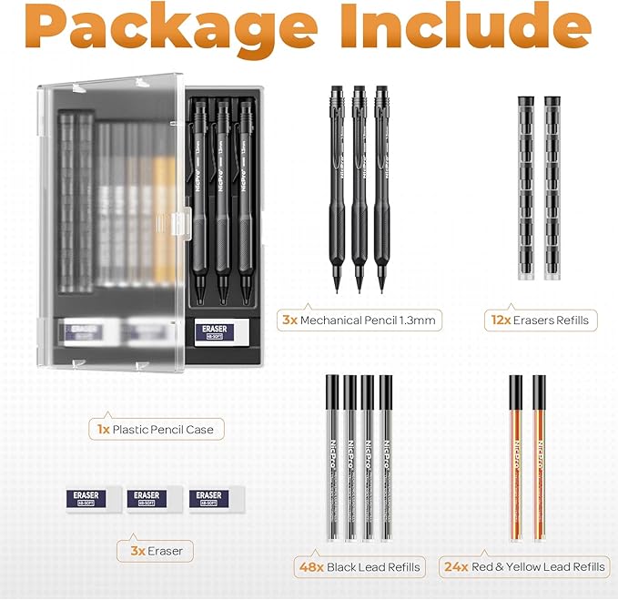Nicpro 3 Pack Weatherproof Mechanical Pencil Set, 1.3mm Mechanical Pencils, Heavy Duty Lead Pencil for Outdoor All Weather Marking Drafting Drawing with 75 Lead Refills, Erasers, Case (Black, HD1000)