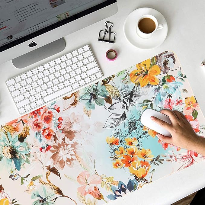 HAOCOO Floral Desk Pad Mat, Computer Desk Matt for Desktop, Large Mouse Pad for Desk, XXL Gaming Mousepad with Non-Slip Base, Waterproof Laptop Keyboard Mat for Office Laptop Women