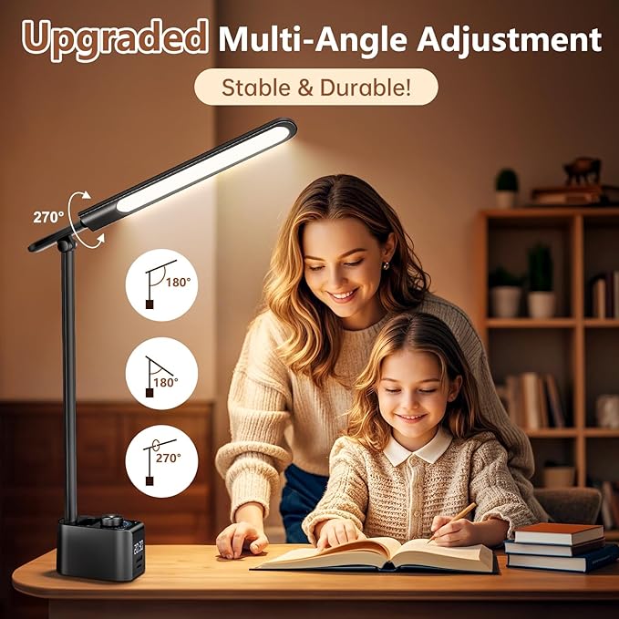 LED Desk Lamp,5 Colors+11 Brightness LED Desk Lamp with USB Charging Port+Clock+Pen Holder,700 Lumen Desk Light Classroom Desk Lamps for Home Office, Bed,Reading,Nail,Craft