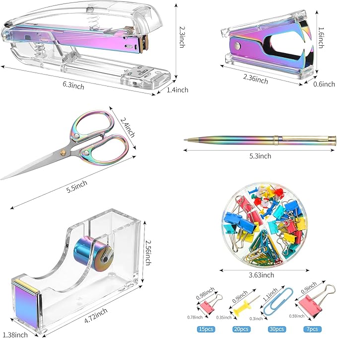 Office Supplies Set Desk Accessory Kit, Acrylic Stapler Set Staple Remover, Tape Dispenser, Binder Clips, Paper Clips, Ballpoint Pen and Scissor with 1000 Pieces 26/6 Staples (Rainbow Color)