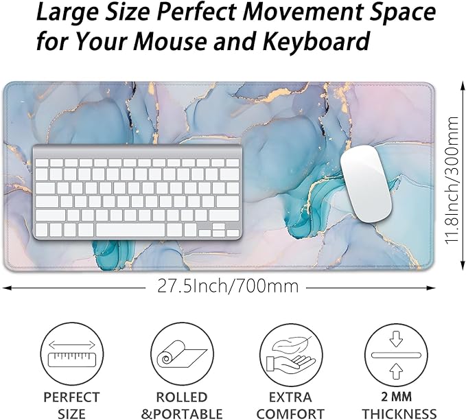 Cyan Blue Marble Desk Pad Mouse Pad,Large XL Mouse Mat with Stitched Edges,Non-Slip Rubber Base Mousepad for Office PC Keyboard Laptop and Home Work Desk Mat(27.5X11.8 in)