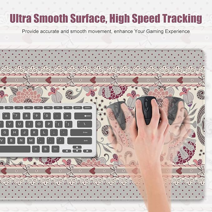 Cute Desk Mat, Large Desk Matt for Desktop, Woman DeskPad Mat, XXL Big Mouse Pad, Anti-Slip Mousepad with Stitched Edges,Keyboard Pad Mouse Mat Cover for Computer 35.4×15.7 in,Cream Flowers