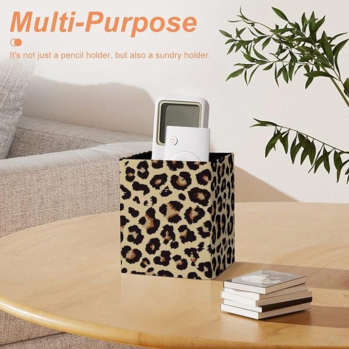 Square Pen Holder & Pencil Organizer for Desk - Office Storage Organizer, Markers/Makeup Brushes/Scissors Holder, Compact Desk Decor Accessories for Home Classroom School(Leopard grain)