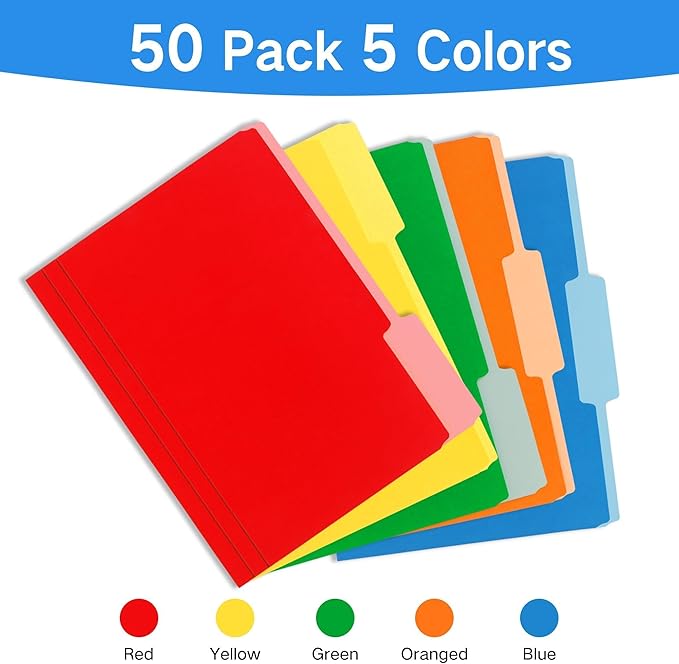 Letter Size File Folders – 1/3-Cut Tab, Durable Colored File Folders for Home, Office, and School Organization, 50-Pack