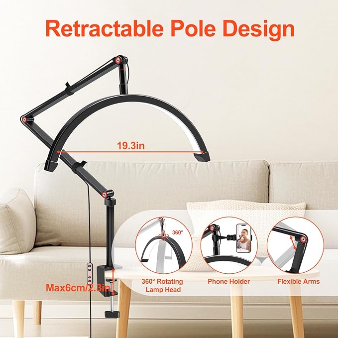 Professional LED Desk Lamp, Half Moon Light for Desk with Clip&Phone Holder, Esthetician Light with Adjustable 10-Level Dimming & 3 Color for Work,Office,Makeup,Nail Salon,Tattoo,Craft (Black)