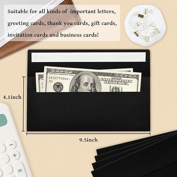 50 Pack #10 Business Envelopes, Black Standard Envelopes Self Seal, Letter Size Business Mailing Envelopes for Checks Letters Invoices Statements Birthday Graduation Wedding,4 1/8 x 9 1/2 Inch