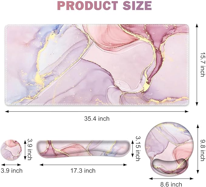 ToLuLu Desk Mat, XXL Large Mouse Pad Wrist Support Set，4 in1 Gaming Mousepad Desk Pad+ Ergonomic Mouse Pad with Wrist Rest + Keyboard Wrist Rest+Coaster for Home Office Computer, Pink Glitter Marble