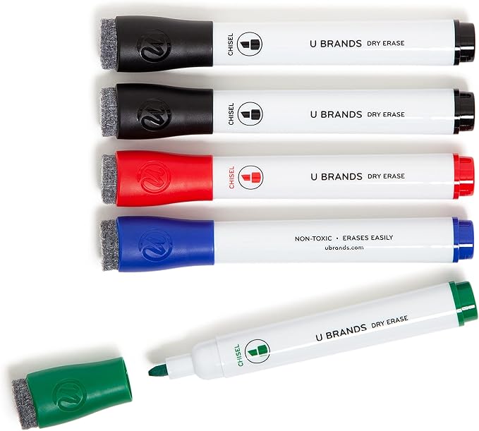 U Brands Fine Tip Dry Erase Markers with Eraser, Whiteboard Markers with Chisel tip, Extra Ink, Low Odor, Assorted Colors, Set of 5