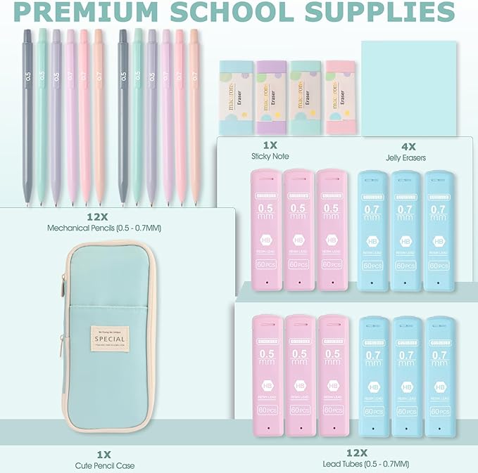Mechanical Pencil Set with Cute Pencil Case, 12x Pastel Mechanical Pencils 0.5 & 0.7mm with 720x HB Leads, 4x Erasers and 1x Sticky Note, Suitable for Writing, Drafting Drawing Sketching(blue)