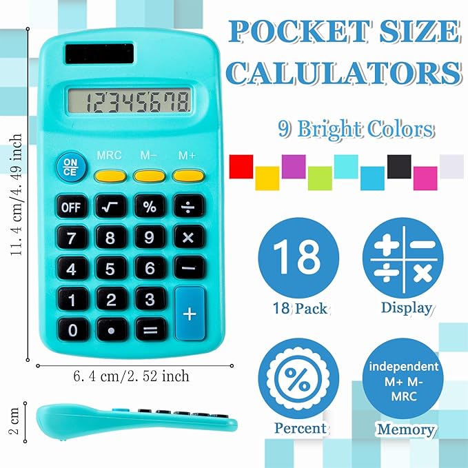 18 Pack Mini Pocket Calculators, Solar & Battery Power, 8 Digit Display, Bulk for Students, Kids, School, Home, Office (9 Colors)