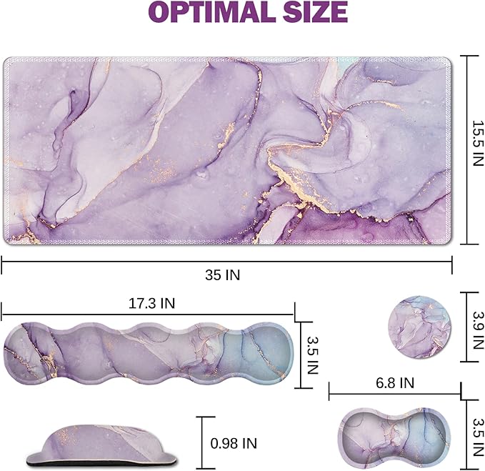 Upgraded Extended Gaming Mouse Pad, Keyboard Wrist Rest Pad, Wrist Support Mousepad Set, Artso Large Stable Rubber Base Stitched Edges, Multifunctional Desk Pad (35 x15.5 in), Purple Blue Marble