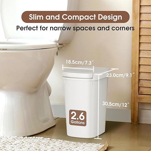 CEROELDA 3 Pack Bathroom Trash Can with Lid, 10L/2.6 Gal Small Garbage Can with Press Top Lid, Slim Plastic Waste Basket for Toilet, Office, Bedroom (White, 3 Pack)