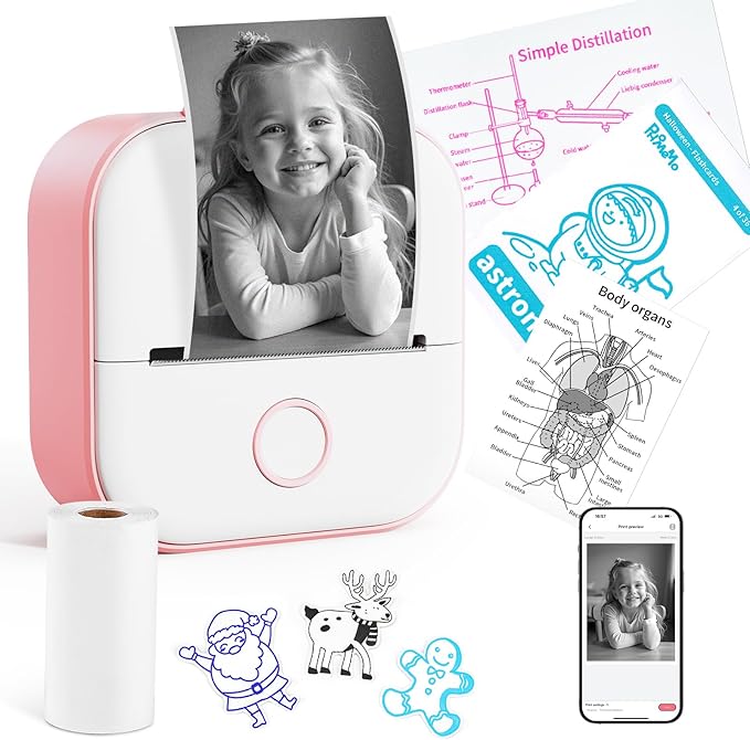 Instant Print for Kids - T02 Mini Printer, Thermarote Sticker Maker, Instant Phone Photo Printer for Study, Fun, Games, Stickers, Labels, Flashcards, Pink