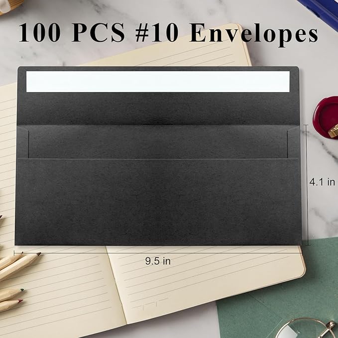 100 Pack Black #10 Business Envelopes, Standard Envelopes Self Seal, 4 1/8 x 9 1/2 Inch Letter Size Business Mailing Envelopes for Checks Invoices Statements Baby Shower Wedding Birthday Graduation