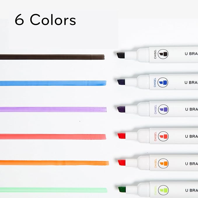 U Brands Fine Tip Dry Erase Markers with Eraser, Whiteboard Markers with Chisel tip, Low Odor, Assorted Colors, Set of 6