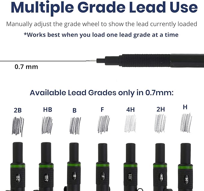 Pacific Arc Chromagraph Metal Mechanical Pencil .7 mm Black Barrel Mechanical Pencil with Built In Lead Pencil Grade Indicator, Lead Pencil Holder for Drafting, Sketching, and Drawing