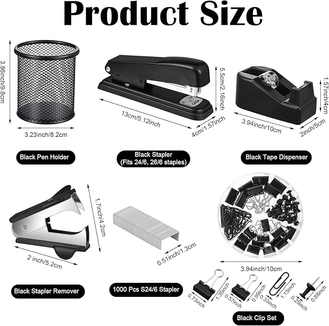 13 in 1 Black Desk Accessories, Black Office Supplies for Men Wome with Stapler and Tape Dispenser Set, Tape, 1000 Staples, Staple Remover, Scissors, Pen, Pen Holder, Tabs, Ruler, Clips Set