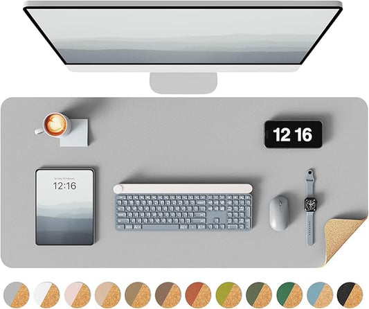 YSAGi Double-Sided Desk Pad, 31.5"x15.7"Leather Desk Mat, Eco Cork Desk Pad Protector,Large Mouse Pad,Waterproof Desk Blotter for Office/Home(Grey)