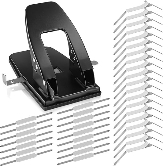 Dreyoo 2 Hole Punch with 100 Self Adhesive Prong Paper Fasteners, 2 Hole Paper Puncher for File Folder and Metal File Fasteners Combo Set, 30 Sheet Capacity, 2.75 Inch Center Paper Fasteners