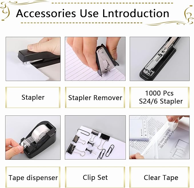 Office Supplies,Desk Accessories, Stapler and Tape Dispenser Set for Women with Stapler, Tape Dispenser, Staple Remover, Staples, Clips, Scissor and Tabs,Gift for Students, Coworkers