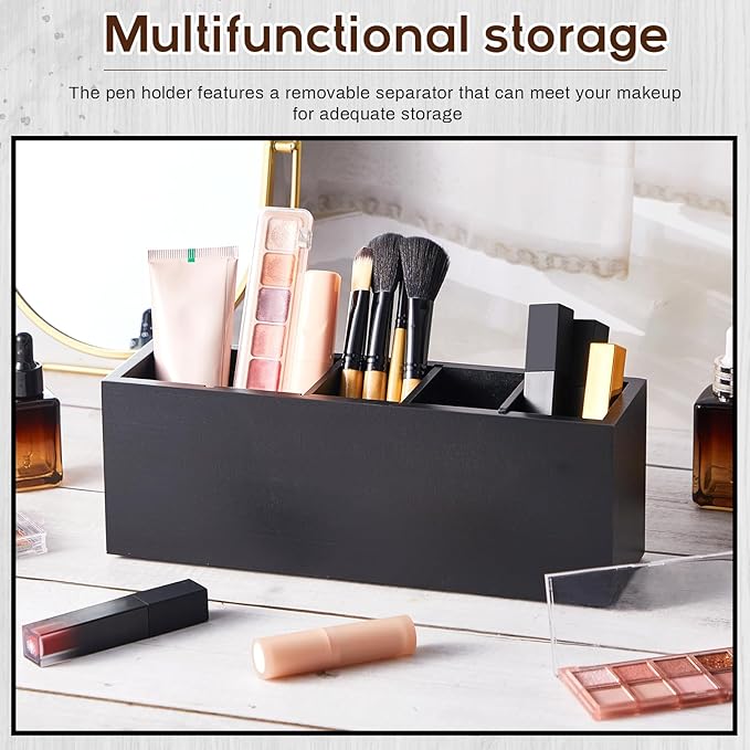 Jetec Wooden Pencil Holder 5 Compartments for Desk Adjustable Pen Holder Wood Office Desk Organizers and Accessories Makeup Brush Organizer for Pen, Home, Office and Art Supplies(Black)